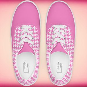 Pink Houndstooth Lace Up Canvas Sneakers For Women