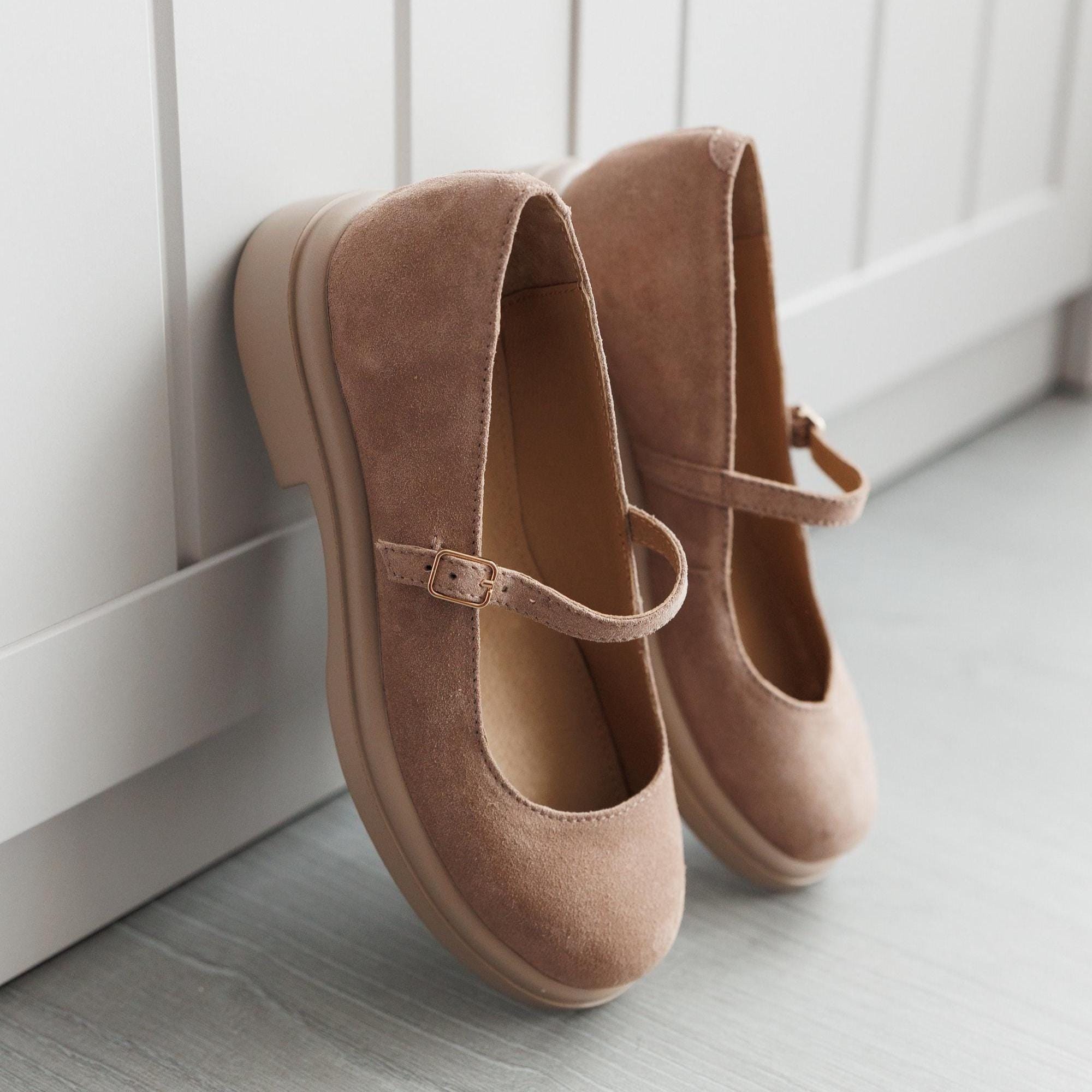 Handmade Suede Almond Mary Jane Shoes Comfortable Beige