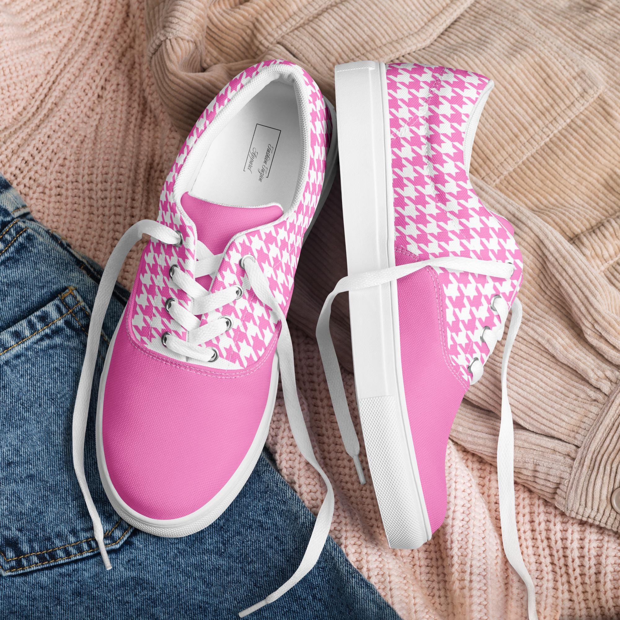Pink Houndstooth Lace Up Canvas Sneakers For Women