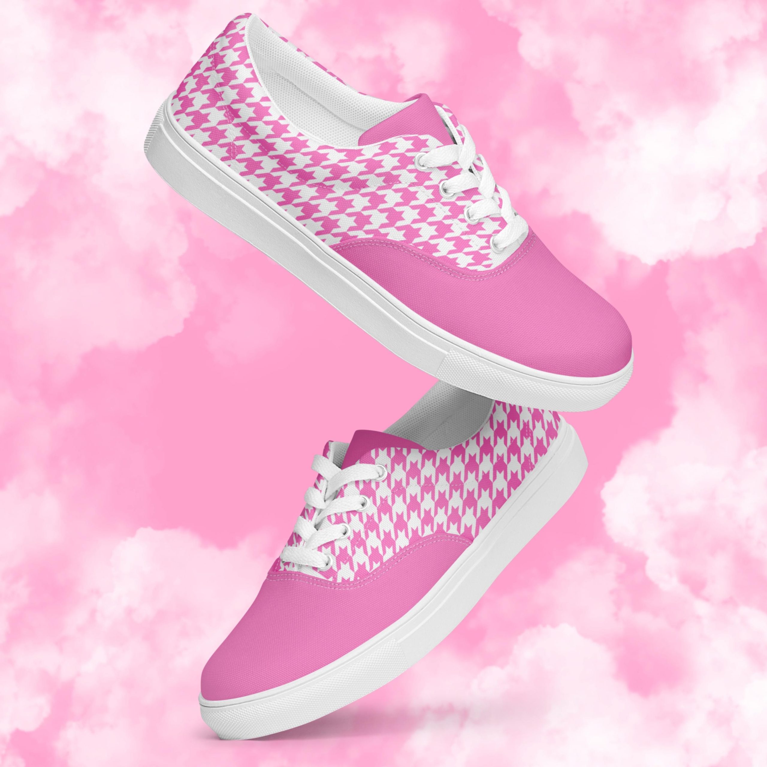 Pink Houndstooth Lace Up Canvas Sneakers For Women