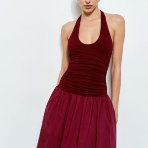 Wine Contrast Halter Maxi Dress With Pockets Elegant