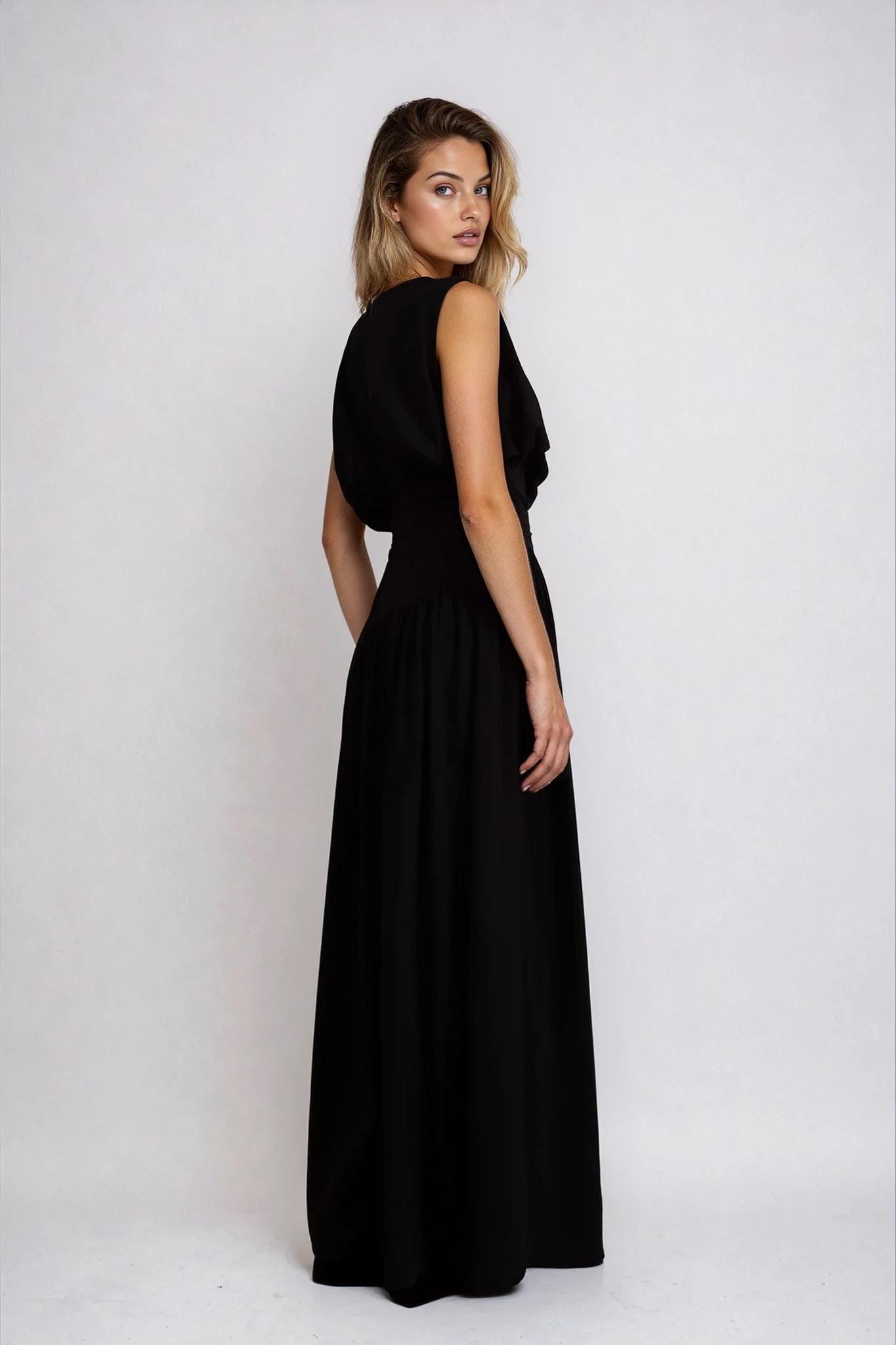 Black Shirred Bobble Maxi Dress Textured Elegant Style